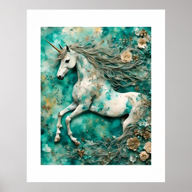 Magical White Unicorn Teal Background Poster (Front)
