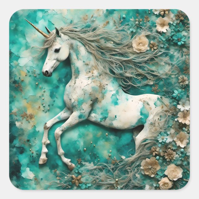 Magical White Unicorn Teal Background Square Sticker (Front)