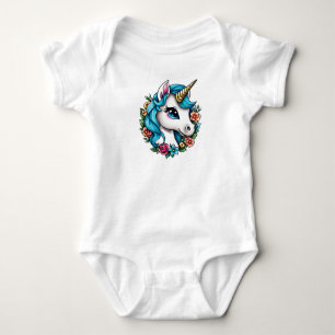 Magical White Unicorn with Blue Haired Character Baby Bodysuit