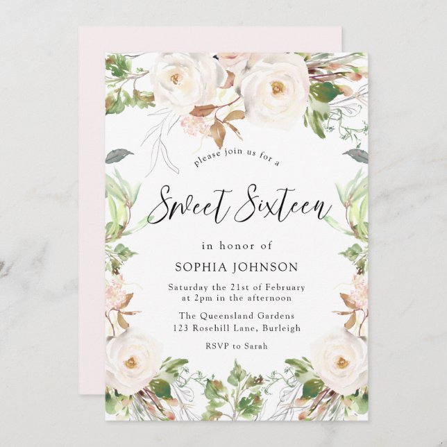 Magical White Winter Wonderland Blush Sweet 16 Invitation (Front/Back)