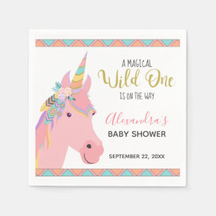 Magical Wild One Cute Pink Unicorn Baby Shower Napkin