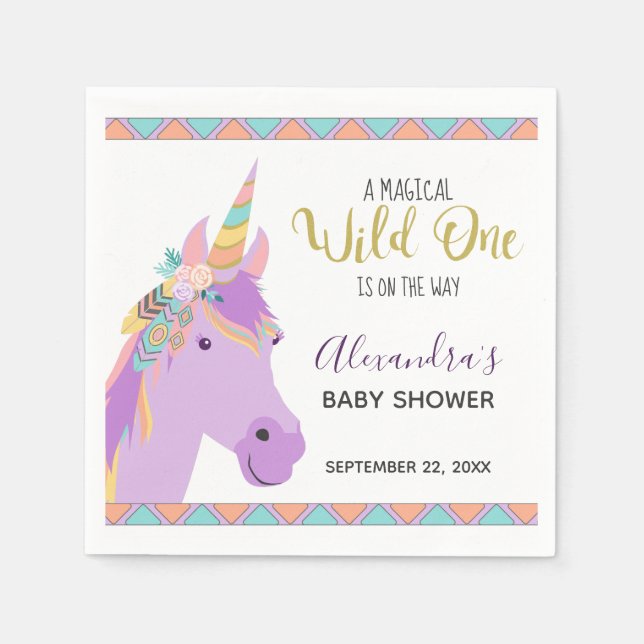 Magical Wild One Cute Purple Unicorn Baby Shower Napkin (Front)