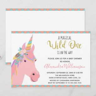 Magical Wild One Unicorn Pink Gold Baby Shower Invitation