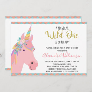 Magical Wild One Unicorn Pink Gold Baby Shower Invitation