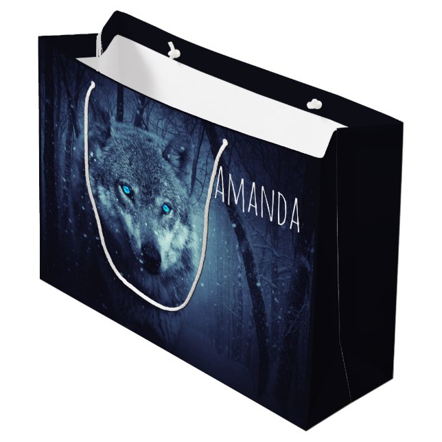 Magical Wild Wolf with Amazing Blue Eyes Birthday Large Gift Bag (Front Angled)