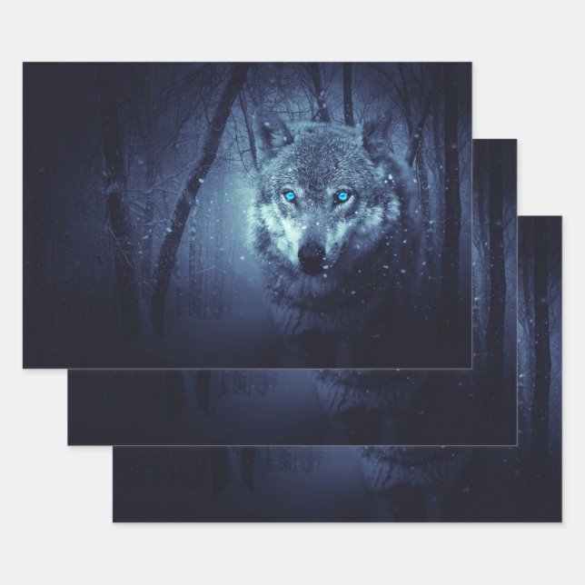 Magical Wild Wolf with Amazing Blue Eyes Wrapping Paper Sheet (Set)