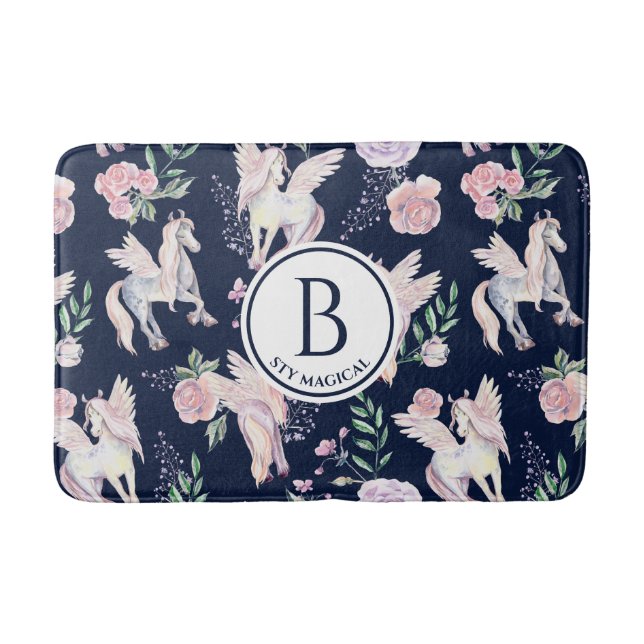 Magical winged horse pattern monogram bath mat (Front)