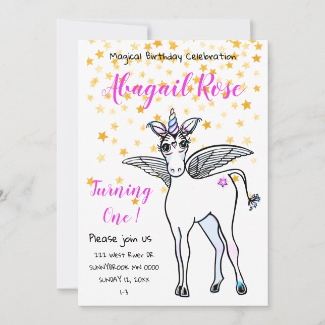 Magical winged Unicorn with golden star accents Invitation (Front)