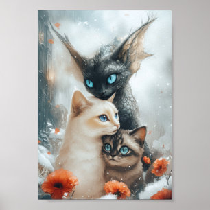 Magical Winter Cats with Fantasy Dragon Guardian Poster