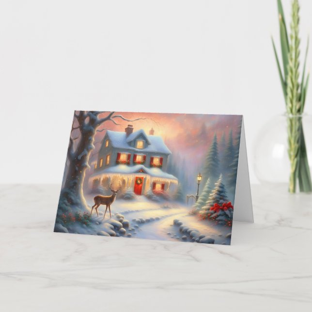 Magical Winter Deer House Christmas  Card (Front)