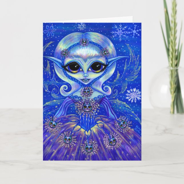 Magical Winter Fairy Girl Cats Snowflakes Big Eyes Holiday Card (Front)