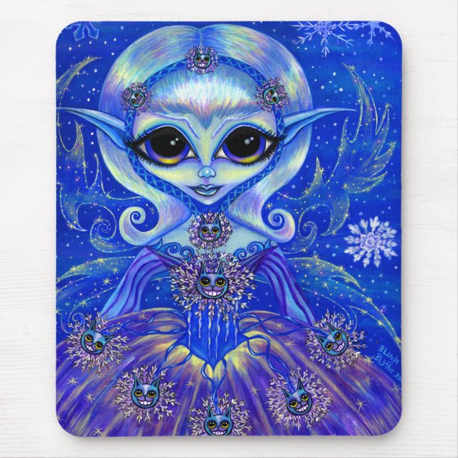 Magical Winter Fairy Girl Cats Snowflakes Big Eyes Mouse Mat (Front)