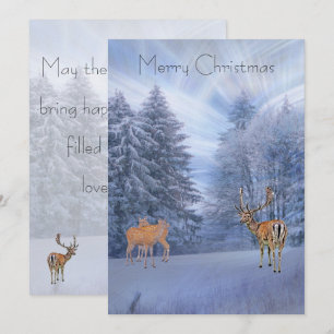 Magical winter forest with deer, christmas  holiday card