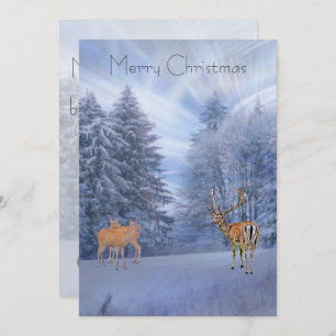 Magical winter forest with deer, christmas  holiday card