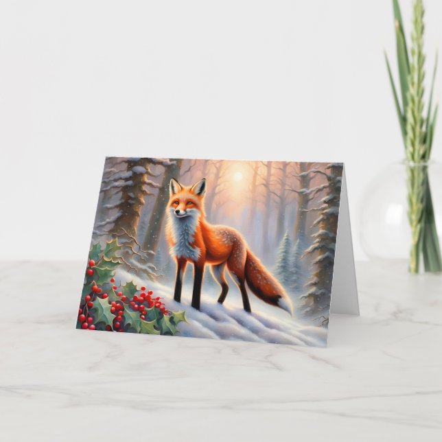 Magical Winter Fox Holly Berries Christmas Card (Front)