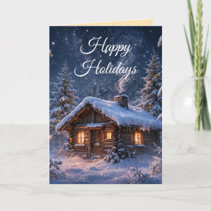Magical Winter Night Cabin in the Woods Holiday Card