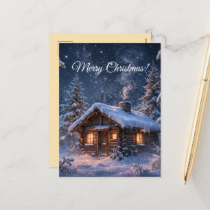 Magical Winter Night Cabin in the Woods Holiday Postcard
