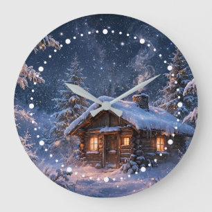 Magical Winter Night Cabin in the Woods Large Clock