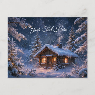 Magical Winter Night Cabin in the Woods Postcard