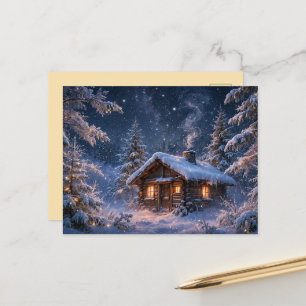 Magical Winter Night Cabin in the Woods Postcard