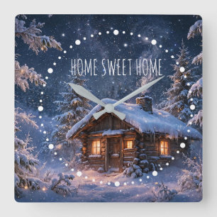 Magical Winter Night Cabin in the Woods Square Wall Clock