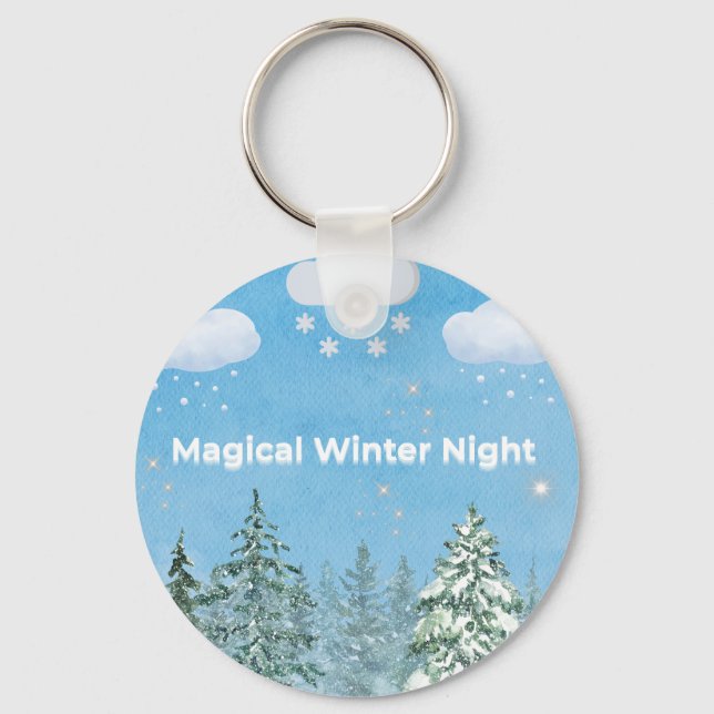 "Magical Winter Nights: Snow-Covered Trees & Shini Key Ring (Front)