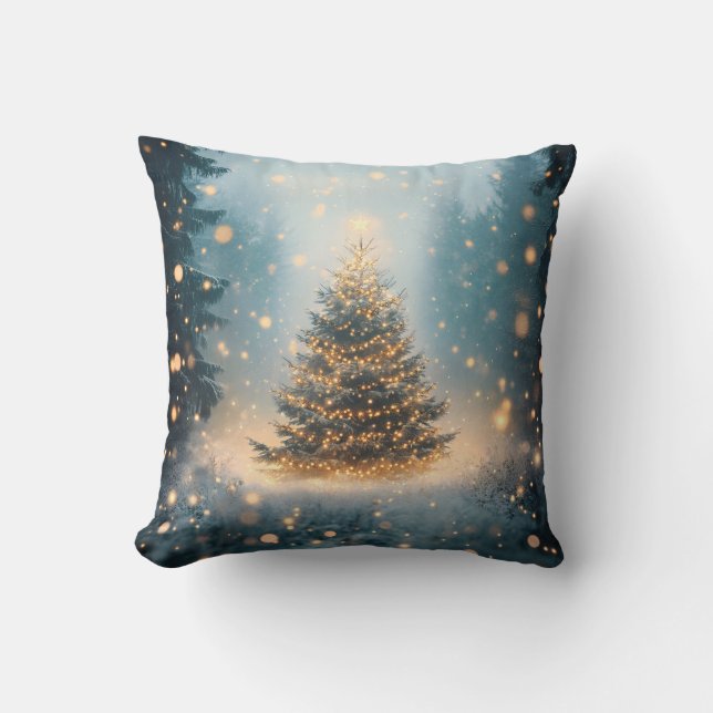 Magical Winter Snowy Forest Christmas Tree Cushion (Front)