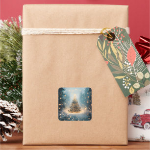 Magical Winter Snowy Forest Christmas Tree Square Sticker