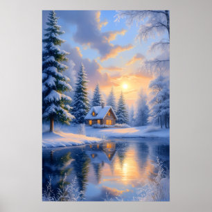 Magical Winter Sunset Cabin Snowy Forest Lake Art Poster