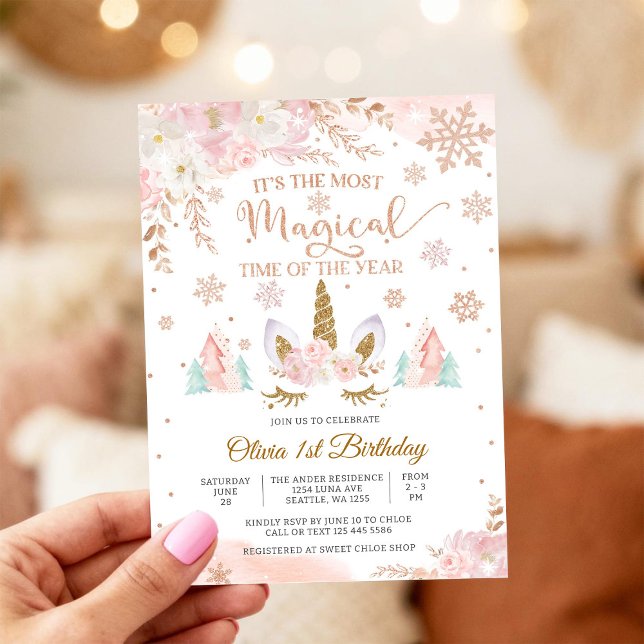Magical Winter Unicorn 1st Birthday Invitation (Creator Uploaded)
