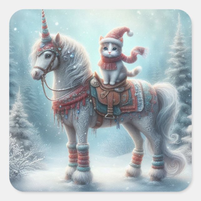 Magical Winter Unicorn & Cat Sticker – Festive Fan (Front)