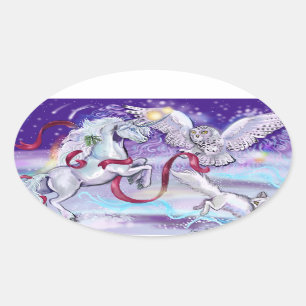Magical Winter Unicorn Oval Sticker