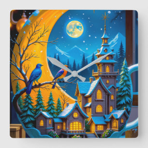 Magical Winter Village Under Crescent Moon Wall Square Wall Clock