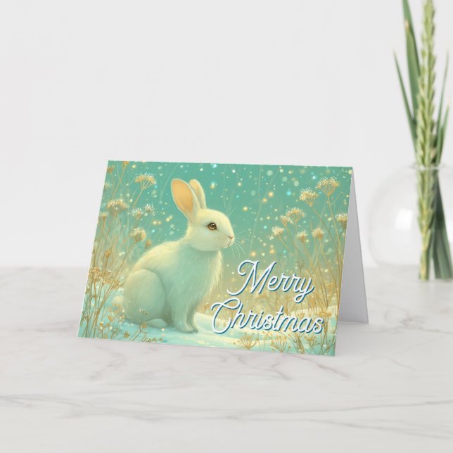 Magical Winter White Rabbit Merry Christmas Holiday Card (Front)