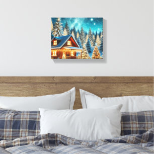 Magical Winter Wonderland Cabin – Snowy Night Glow Canvas Print