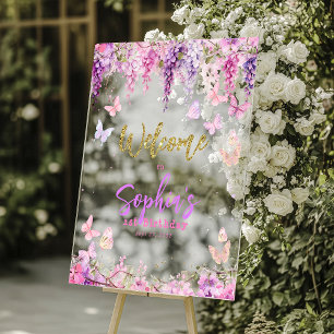 Magical Wisteria Gold Butterfly Kids Birthday Acrylic Sign