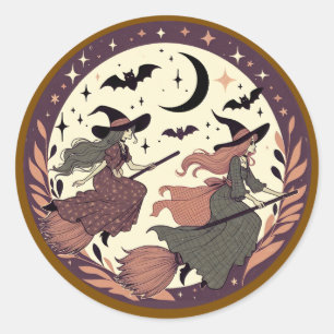 Magical Witch Flight – Halloween Moonlight Scene  Classic Round Sticker