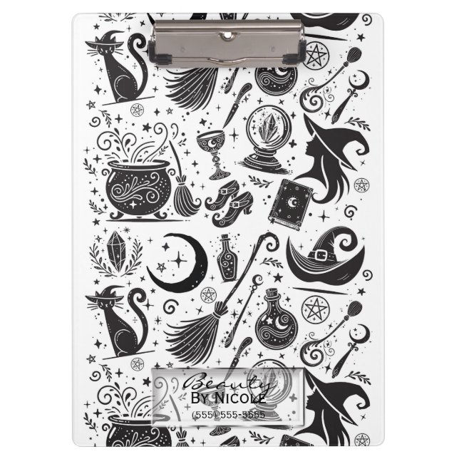 Magical Witch Whimsical Wiccan Pagan Black & White Clipboard (Front)