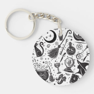 Magical Witch Whimsical Wiccan Pagan Black & White Key Ring