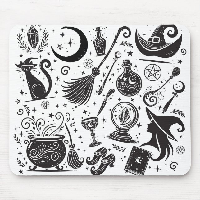Magical Witch Whimsical Wiccan Pagan Black & White Mouse Mat (Front)