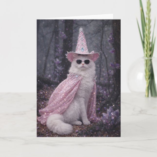 Magical Wizard Cat in Sparkly Pink Cape and Hat    Card (Front)