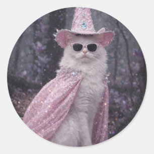Magical Wizard Cat in Sparkly Pink Cape and Hat Classic Round Sticker