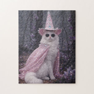 Magical Wizard Cat in Sparkly Pink Cape and Hat Jigsaw Puzzle