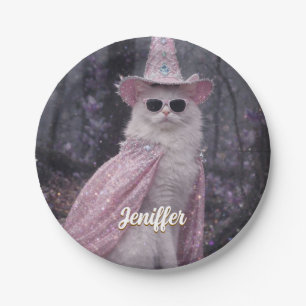 Magical Wizard Cat in Sparkly Pink Cape and Hat Paper Plate
