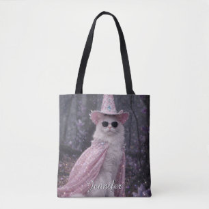 Magical Wizard Cat in Sparkly Pink Cape and Hat Tote Bag