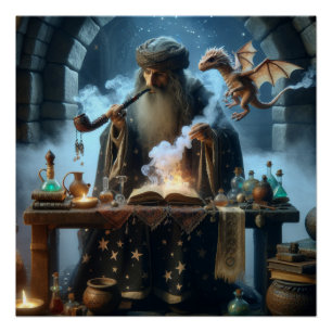 Magical Wizard Dragon Fantasy Art Poster