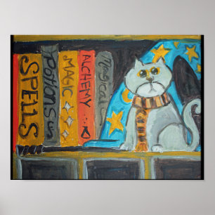 Magical Wizard Folk Art Cat Epic Painting  Poster