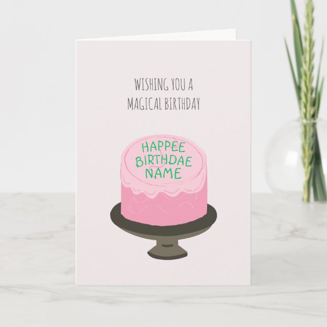 Magical Wizard Pink Birthdae Birthday Cake Card (Front)