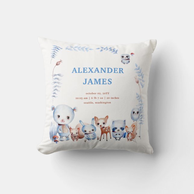 Magical Woodland Animals Birth Stats Boy Baby Cushion (Front)