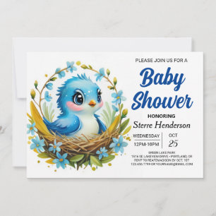 Magical Woodland Blue Bird Boy Baby Shower Invitation